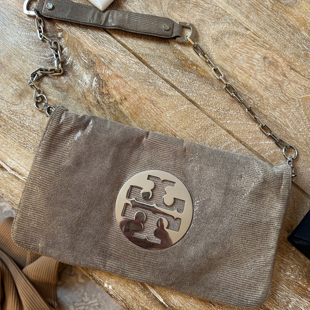 Silver and grey Tory Burch flap purse/clutch. Detachable strap included